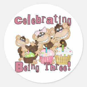 Pink Party Monkey 3rd Birthday Tshirts and Gifts Classic Round Sticker