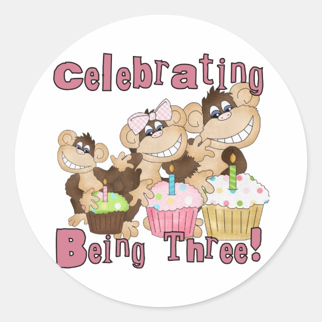 Pink Party Monkey 3rd Birthday Tshirts and Gifts Classic Round Sticker (Front)