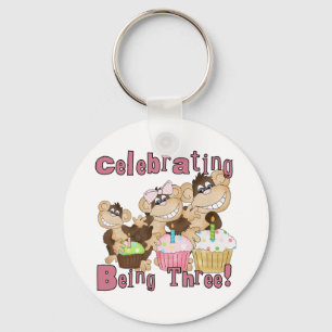 Pink Party Monkey 3rd Birthday Tshirts and Gifts Keychain
