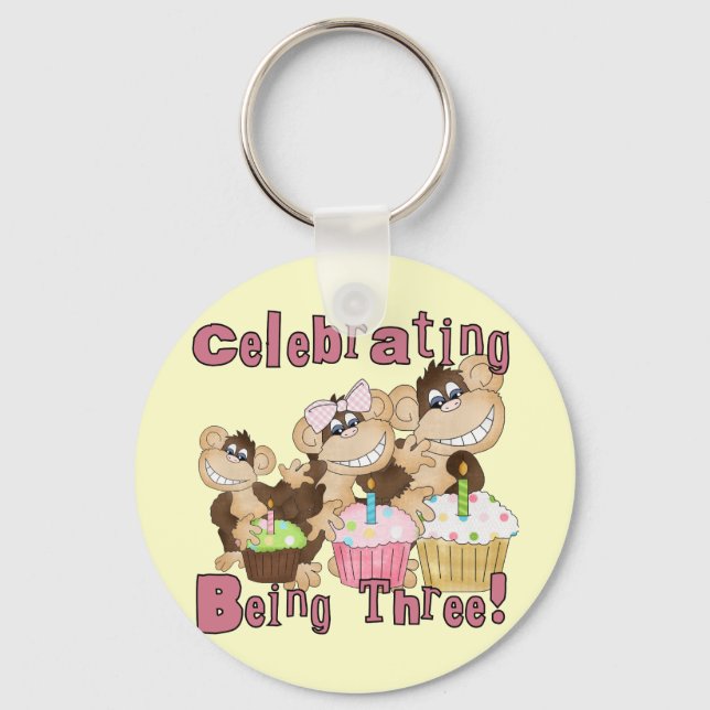 Pink Party Monkey 3rd Birthday Tshirts and Gifts Keychain (Front)
