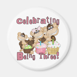 Pink Party Monkey 3rd Birthday Tshirts and Gifts Magnet