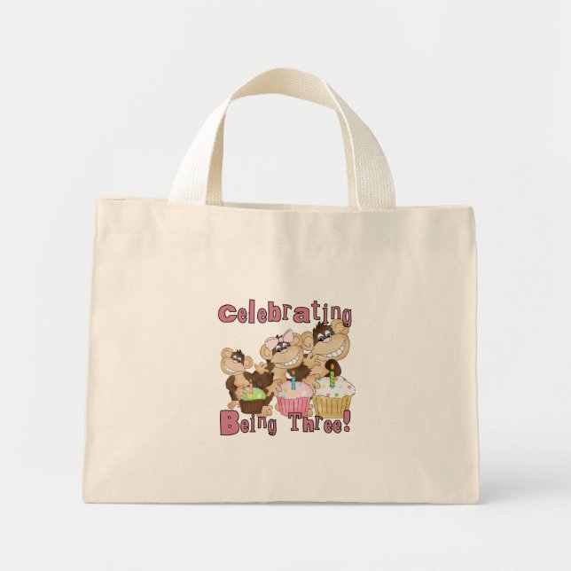 Pink Party Monkey 3rd Birthday Tshirts and Gifts Mini Tote Bag (Front)