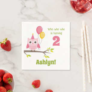 Pink Party Owl Who Is Turning 2 Second Birthday Napkin