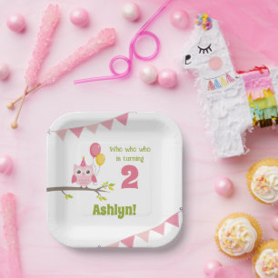 Pink Party Owl Who Is Turning 2 Second Birthday Paper Plate