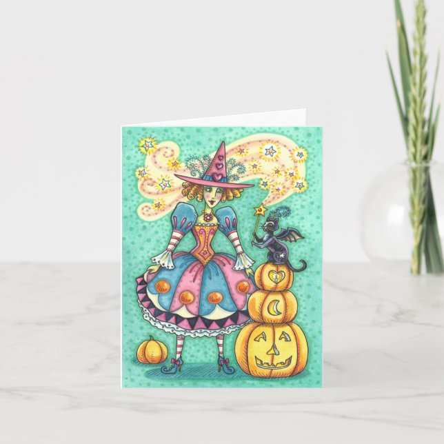 PINK PARTY WITCH, HALLOWEEN MAGIC BLACK CAT Blank Card (Front)