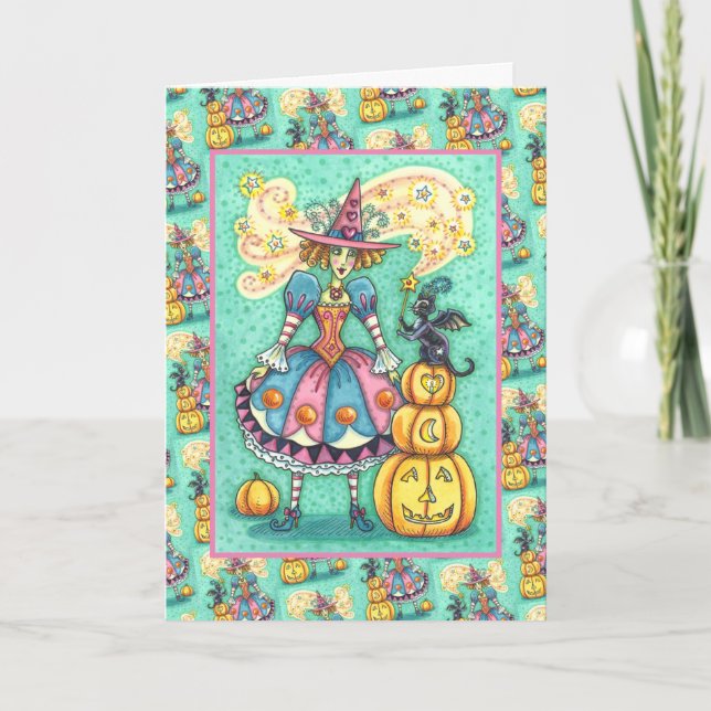 PINK PARTY WITCH IS HALLOWEEN MAGIC, BLACK CAT HOLIDAY CARD (Front)