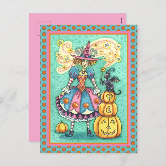 PINK PARTY WITCH IS HALLOWEEN MAGIC, BLACK CAT HOLIDAY POSTCARD (Front/Back)