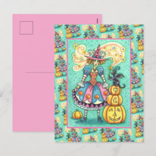 PINK PARTY WITCH IS HALLOWEEN MAGIC, BLACK CAT HOLIDAY POSTCARD