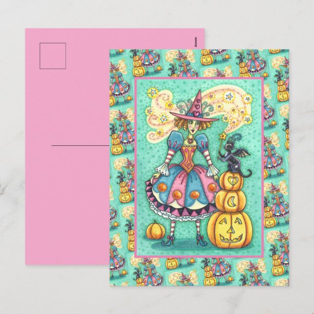 PINK PARTY WITCH IS HALLOWEEN MAGIC, BLACK CAT HOLIDAY POSTCARD (Front/Back)