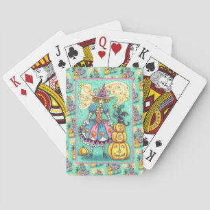 PINK PARTY WITCH IS HALLOWEEN MAGIC, BLACK CAT PLAYING CARDS