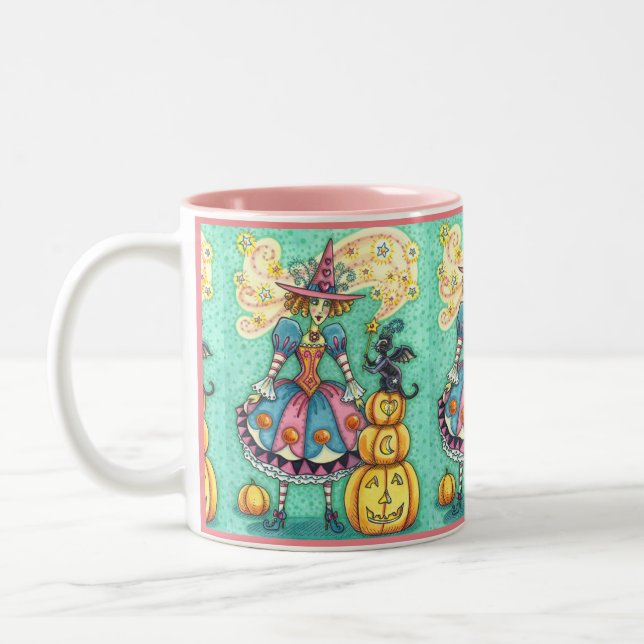 PINK PARTY WITCH IS HALLOWEEN MAGIC, BLACK CAT Two-Tone COFFEE MUG (Left)