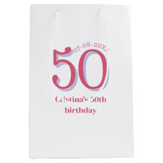 PINK PASTEL 50 birthday anniversary add name date Medium Gift Bag