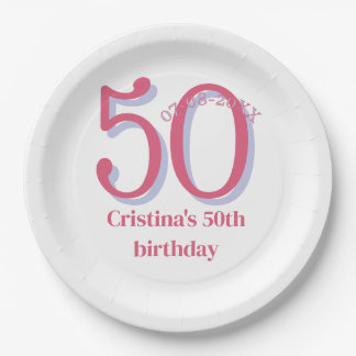 PINK PASTEL 50 birthday anniversary add name date Paper Plate