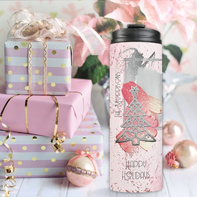 Pink Pastel 6 Photo Template Silver Christmas Thermal Tumbler (Creator Uploaded)