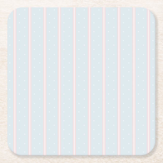 Pink, Pastel Blue, White Dots and Stripes Square Paper Coaster (Front)