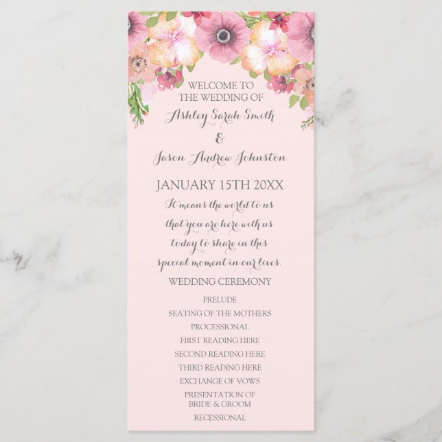 Pink Pastel Blush Floral Wedding Programme (Devant)
