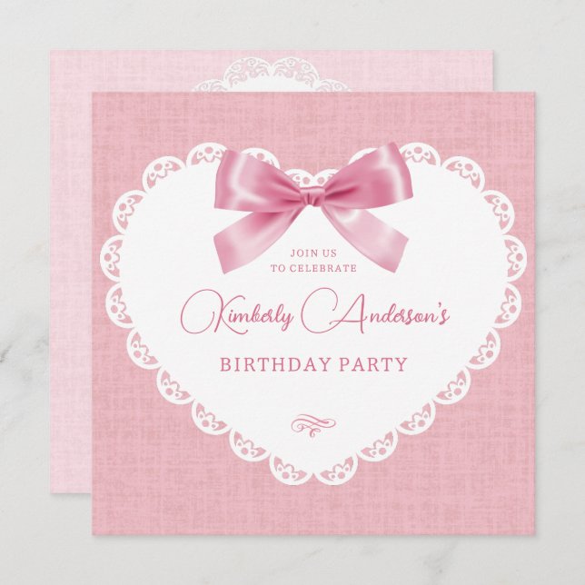 Pink pastel bow aesthetic birthday invitation (Front/Back)