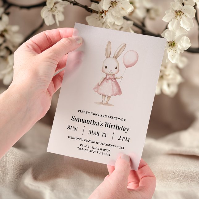 Pink Pastel Bunny Easter Kids Birthday Vellum Invitations (Creator Uploaded)