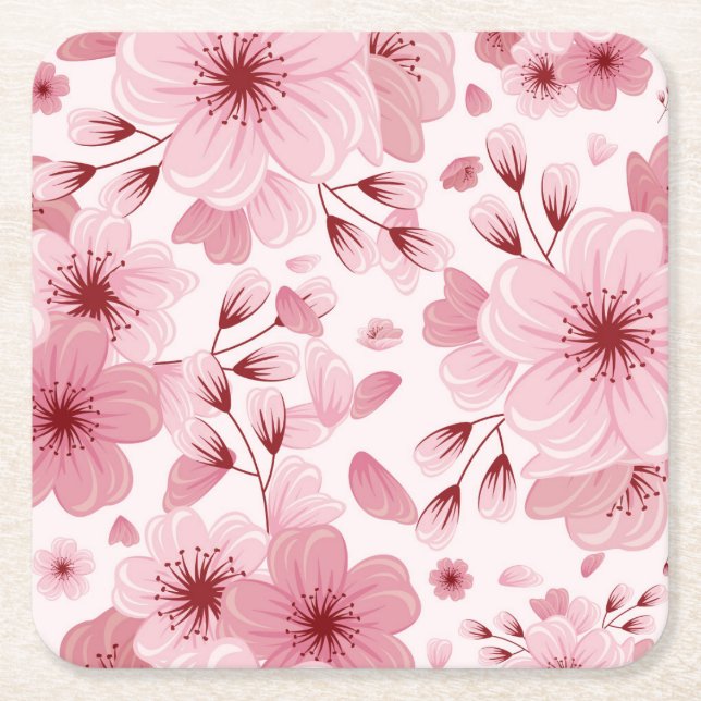 Pink Pastel Cherry Blossom Pattern Square Paper Coaster (Front)