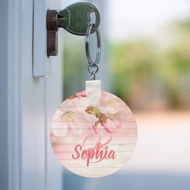Pink pastel cherry florals monogram  keychain (Creator Uploaded)