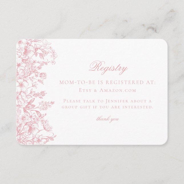 Pink Pastel Chinoiserie Floral Baby Registry Card (Front)