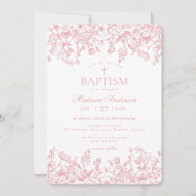 Pink Pastel Chinoiserie Vintage Floral Baptism Invitation (Front)