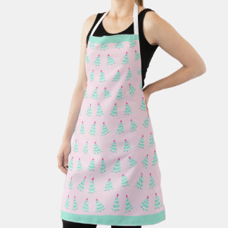 Pink Pastel Christmas Apron - Christmas Tree Theme