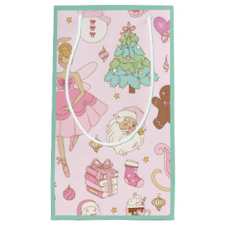 Pink Pastel Christmas Ballerina and Santa  Small Gift Bag