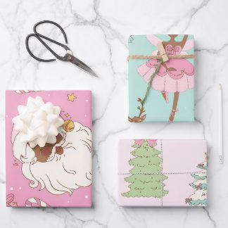 Pink Pastel Christmas Black Santa & Ballerina Wrapping Paper Sheet
