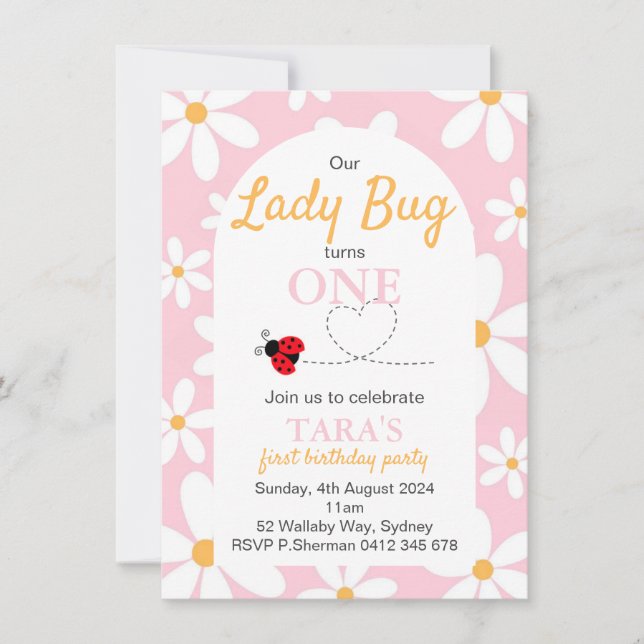 Pink Pastel Daisy Lady Bug Birthday Invitation  (Front)