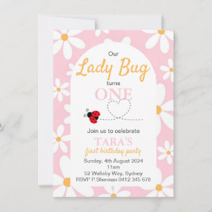 Pink Pastel Daisy Lady Bug Birthday Invitation 