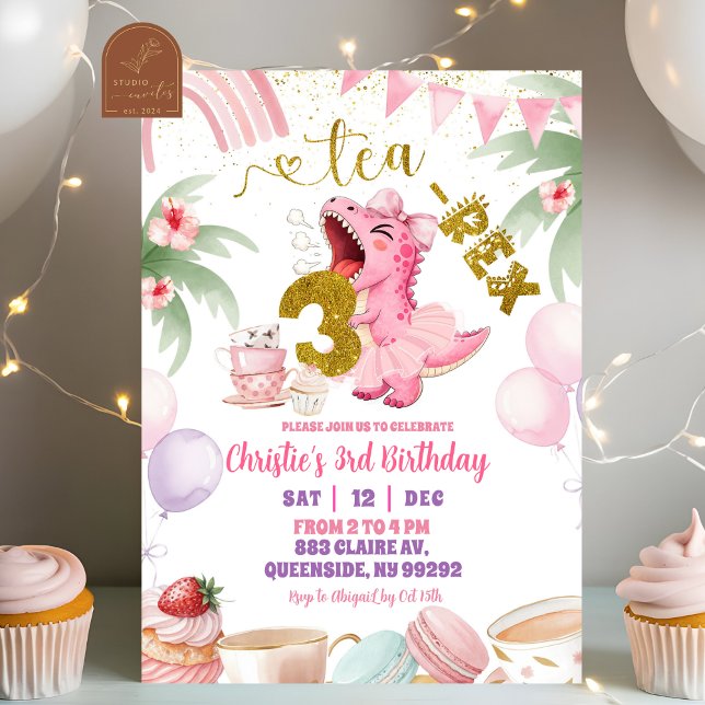 Pink Pastel Dinosaur tea-rex 3rd birthday Invitation (Creator Uploaded)