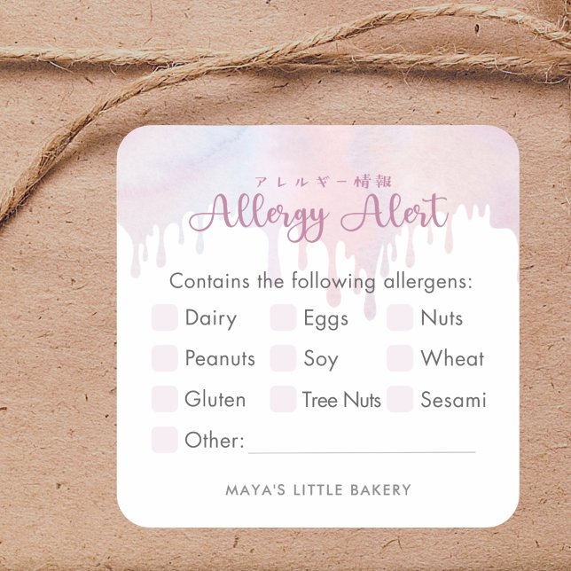 Pink Pastel Dripping Food Allergy Alert Square Sticker (Creator Uploaded)