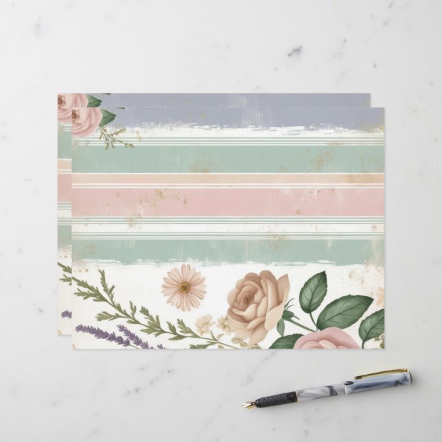 Pink Pastel Floral Striped Scrapbook Paper Crafts (Front/Back In Situ)
