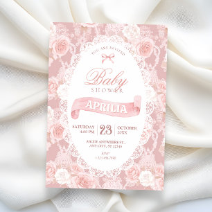 Pink pastel flowers baby shower invitation