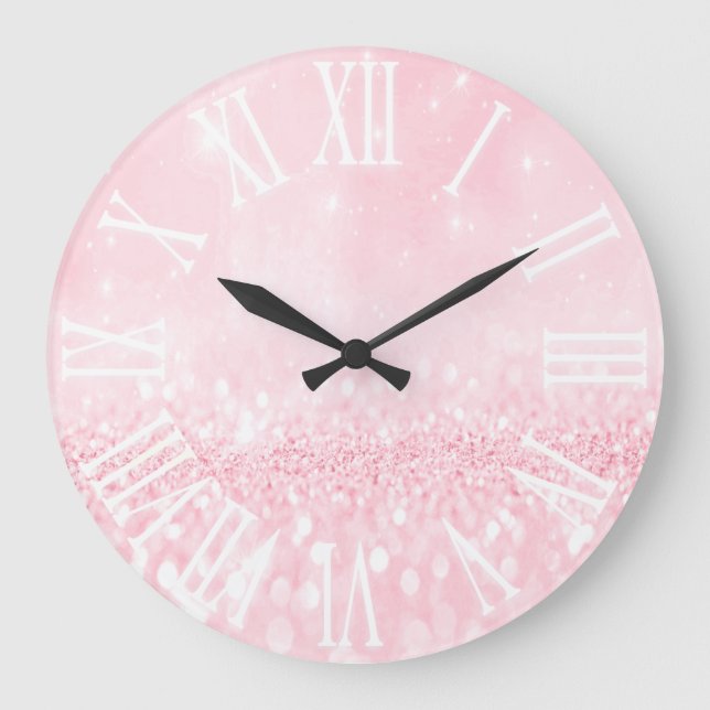 Pink Pastel Glitter effect White Spark Princess Gl Large Clock (Front)