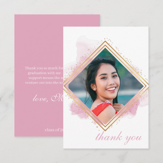 Pink Pastel & Gold Diamond Graduation Thank You In Invitation (Front/Back)