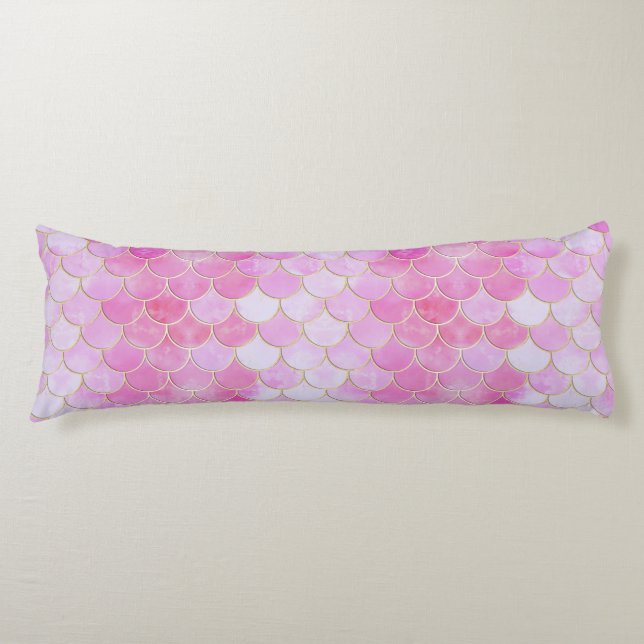 Pink Pastel & Gold Shimmer Mermaid Scale Pattern Body Pillow (Front)