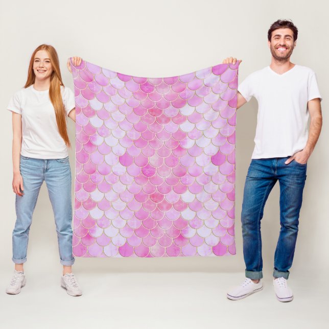 Pink Pastel & Gold Shimmer Mermaid Scale Pattern Fleece Blanket (In Situ)