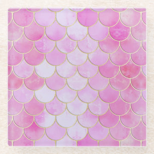 Pink Pastel & Gold Shimmer Mermaid Scale Pattern Glass Coaster