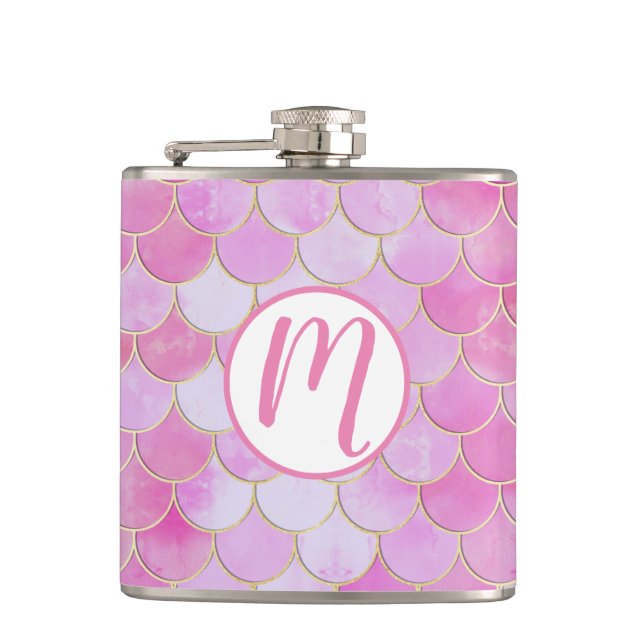 Pink Pastel & Gold Shimmer Mermaid Scale Pattern Hip Flask (Front)