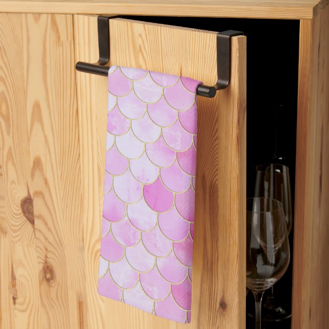 Pink Pastel & Gold Shimmer Mermaid Scale Pattern Kitchen Towel (Thirds Fold)