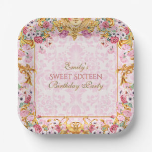 Pink Pastel Gold Sweet 16 Baroque Rococo Birthday Paper Plate