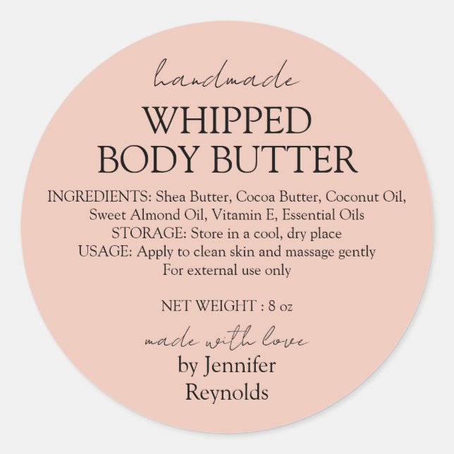 Pink Pastel Handmade Body Butter Organic Classic Classic Round Sticker (Front)