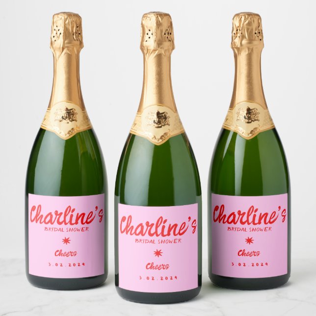 Pink Pastel Handwriting Retro Bridal Shower  Sparkling Wine Label (Bottles)
