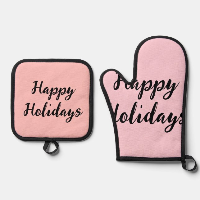 Pink pastel happy holidays Christmas simple stylis Oven Mitt & Pot Holder Set (Front)