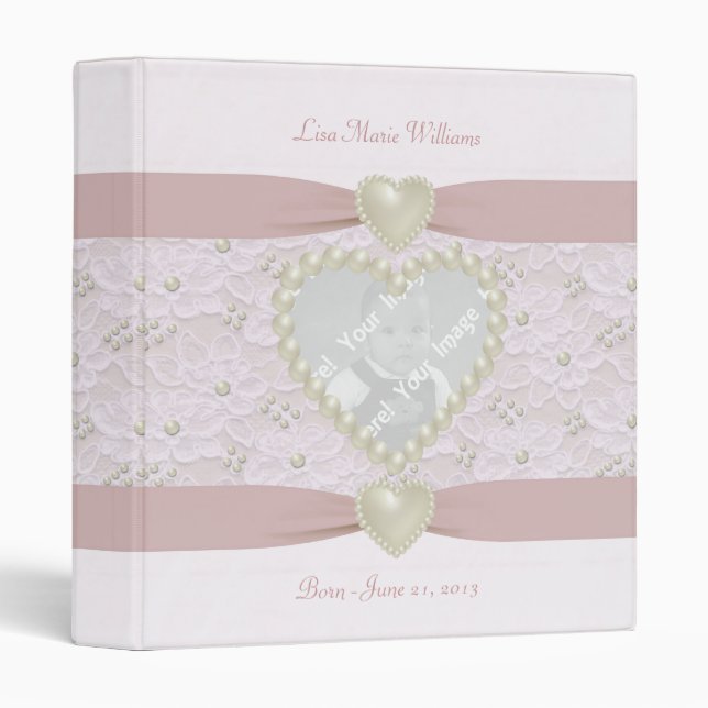 Pink Pastel Lace Pearl Baby Photo Binder (Front/Spine)