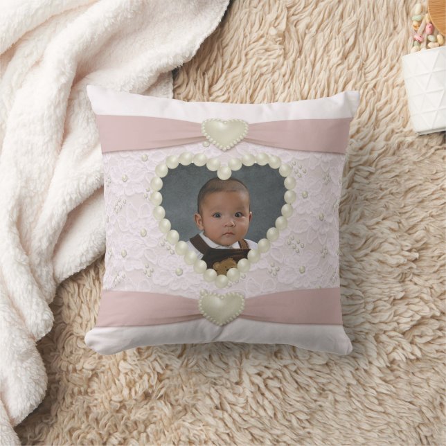 Pink Pastel Lace Pearl Baby Photo Throw Pillow (Blanket)