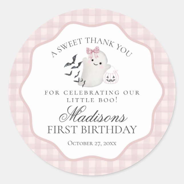 Pink Pastel Little Boo Ghost Birthday Party Favour Classic Round Sticker (Front)