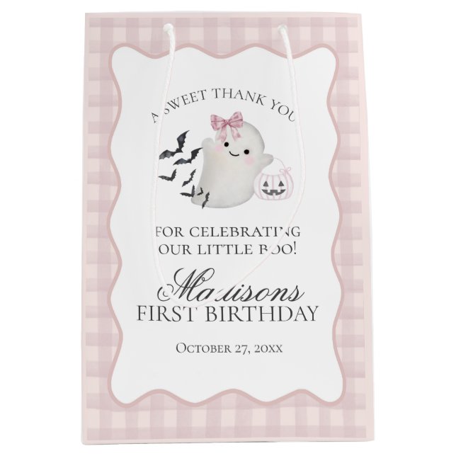 Pink Pastel Little Boo Ghost Birthday Party Favour Medium Gift Bag (Front)